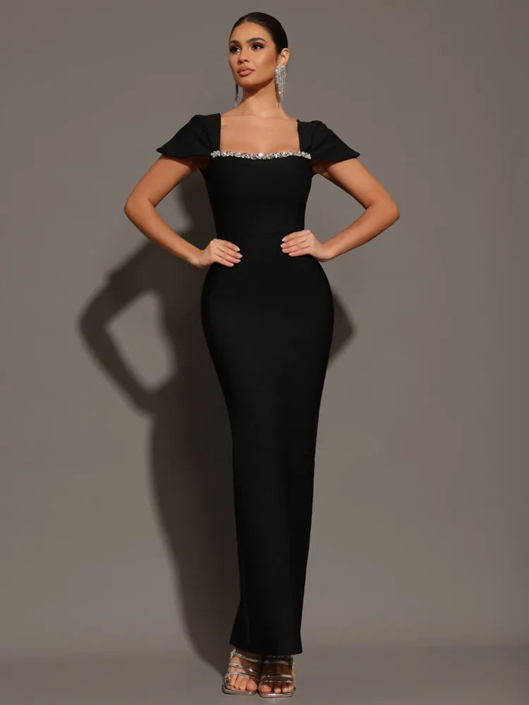 Glamorous Square Collar Diamond Maxi Dress