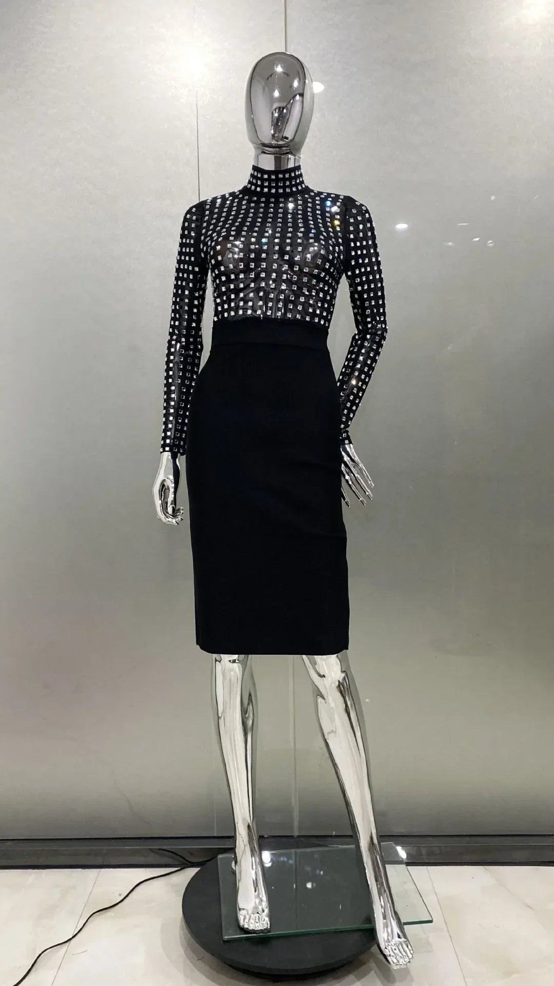 Rhinestones Turtleneck Midi Bodycon Dress