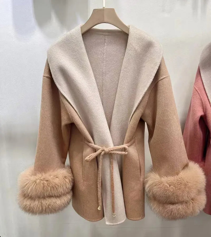Real Fur Cuff Cashmere Wool Coat