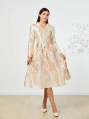 Luxurious Golden Jacquard Midi Skirt Dress