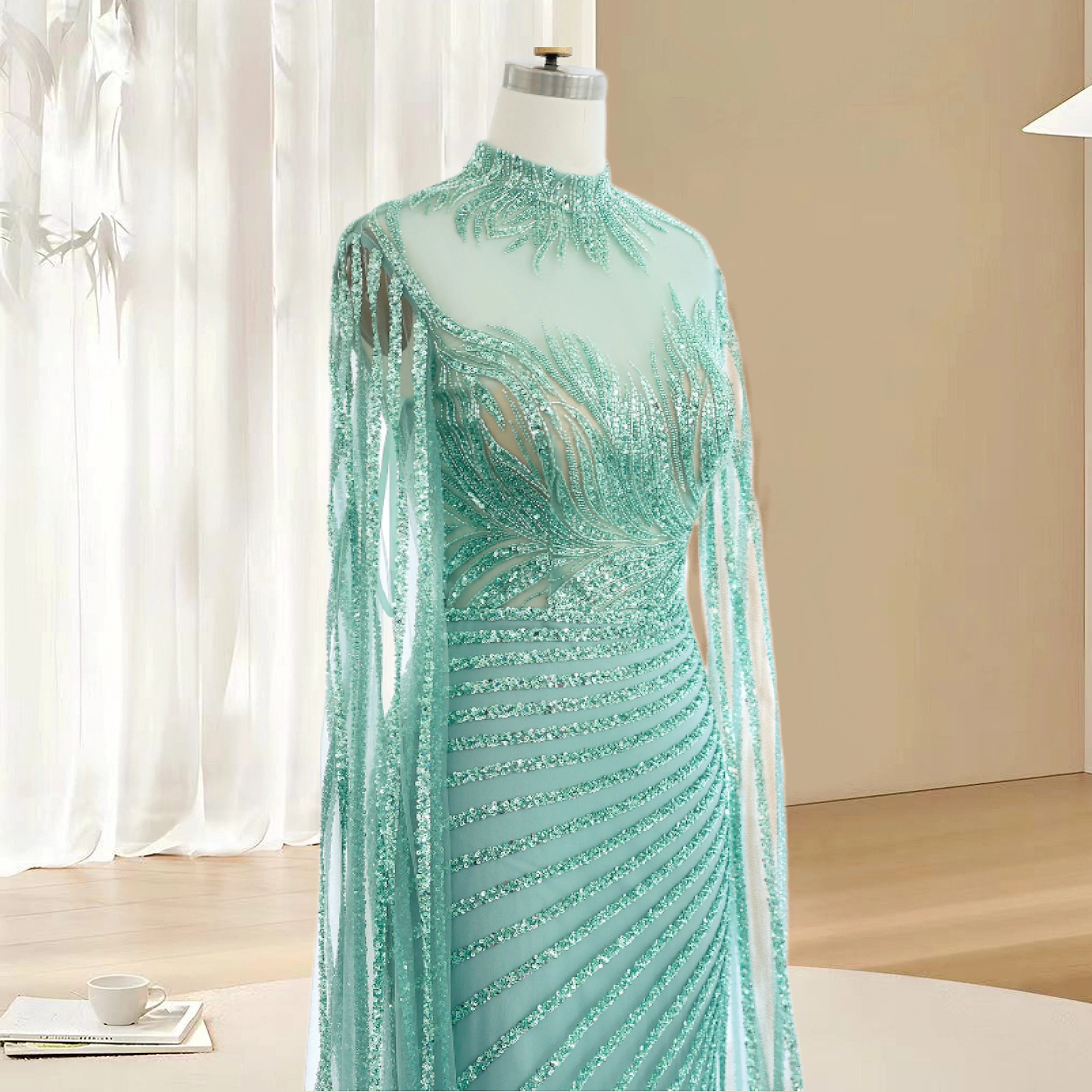 Elegant Beaded Cape Sleeves Evening Gown