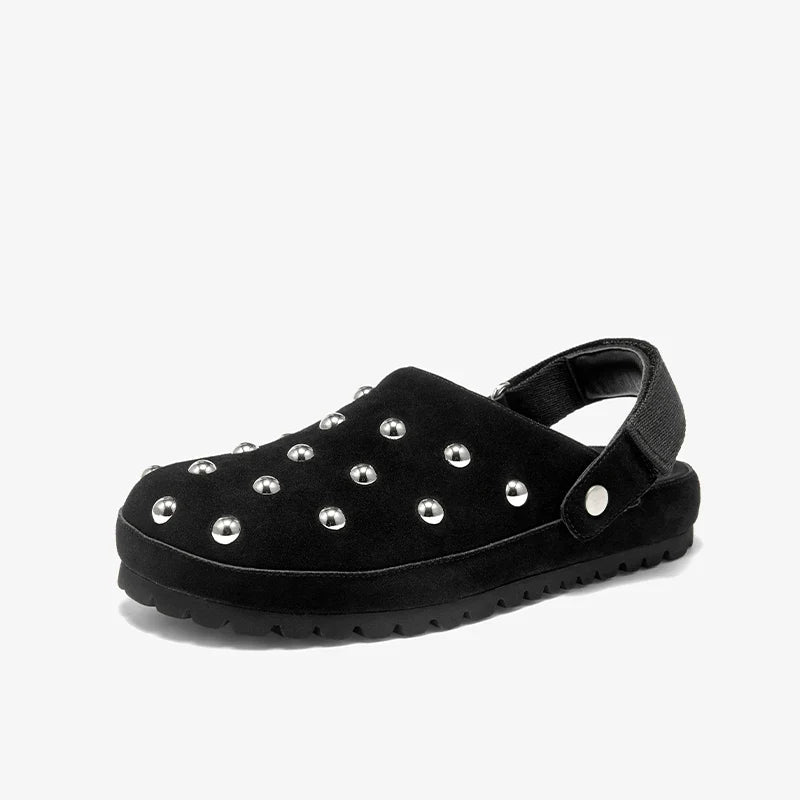 Rivet Decorated Suede Flat Mules