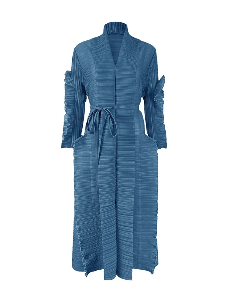 Pleated Sleeve Lapel Cardigan Dress
