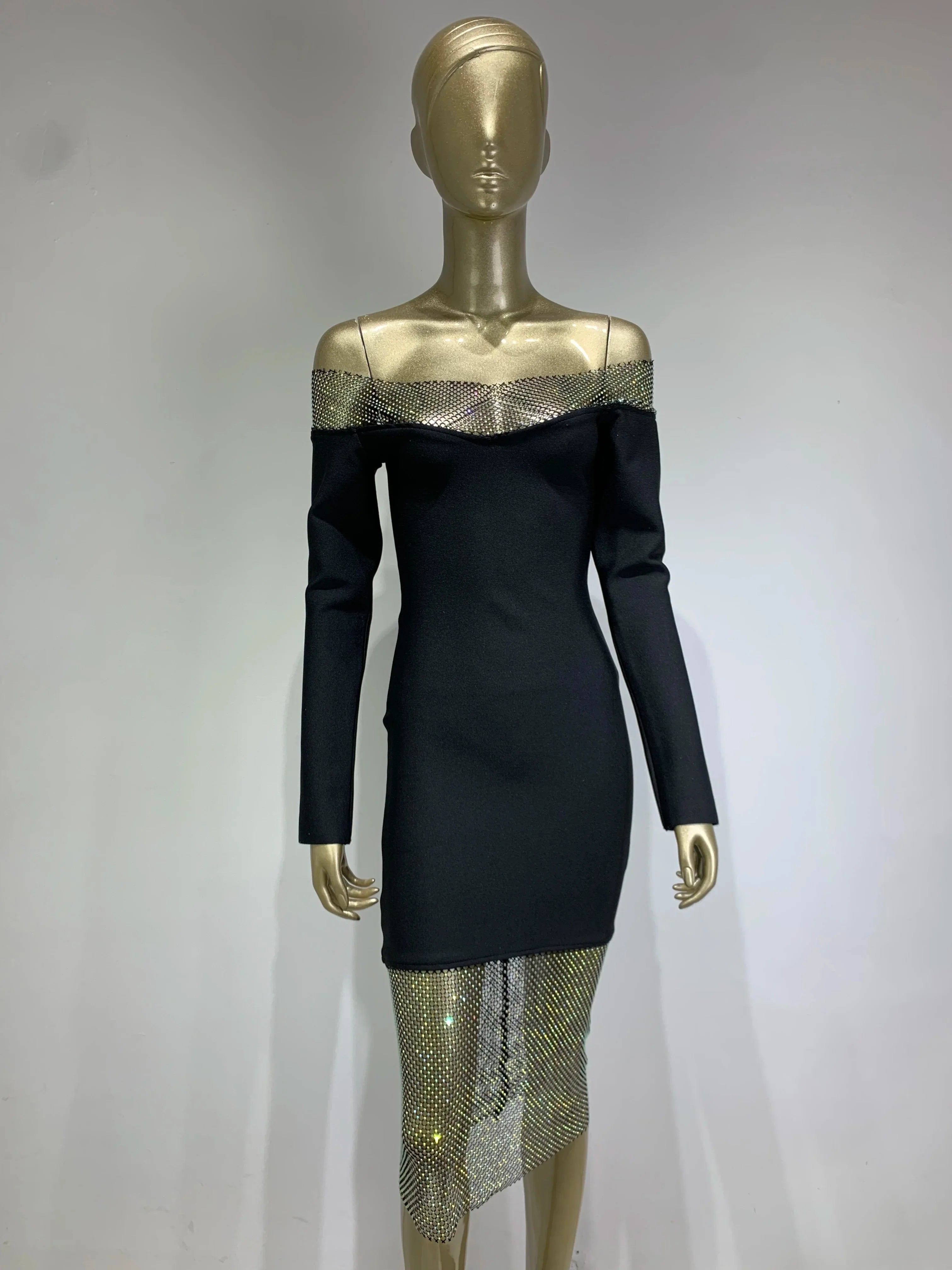 Off Shoulder Black Diamonds Bodycon Dress