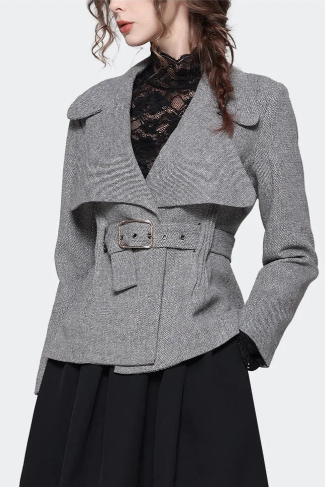 Elegant Woolen Belt Blazer