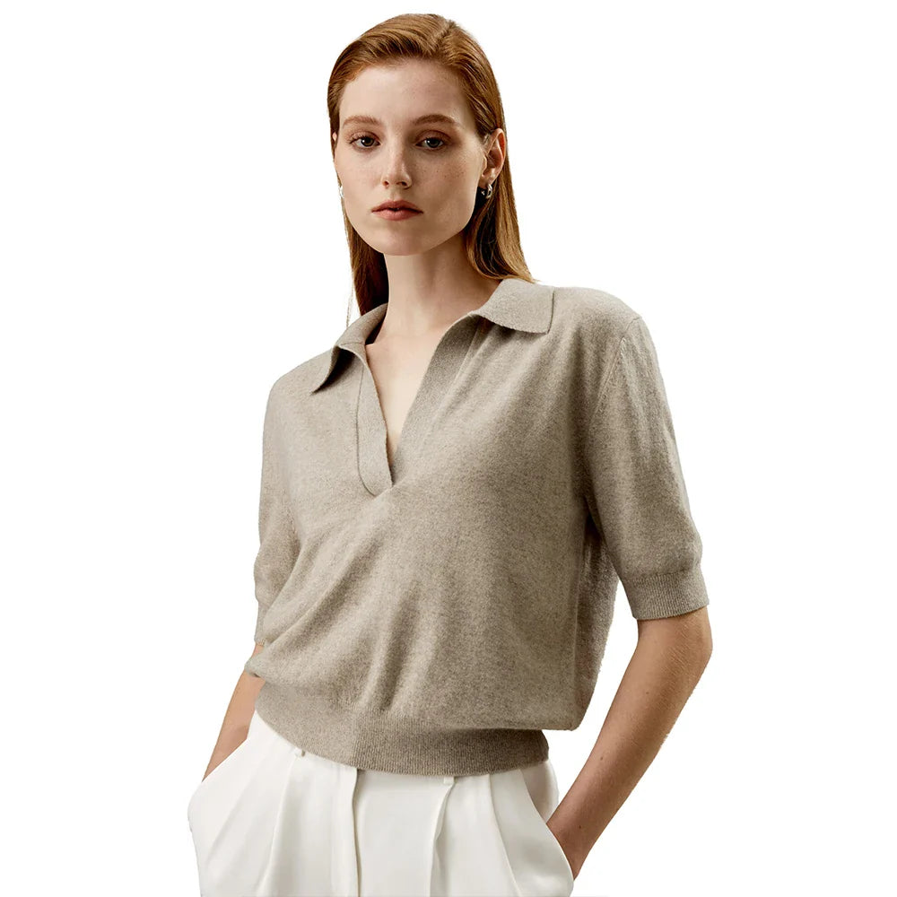 Ribbed Trims Cashmere Polo Sweater