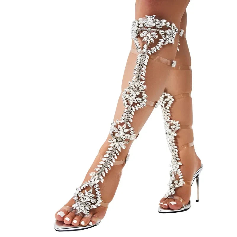 Transparent Rhinestones Knee High Sandal