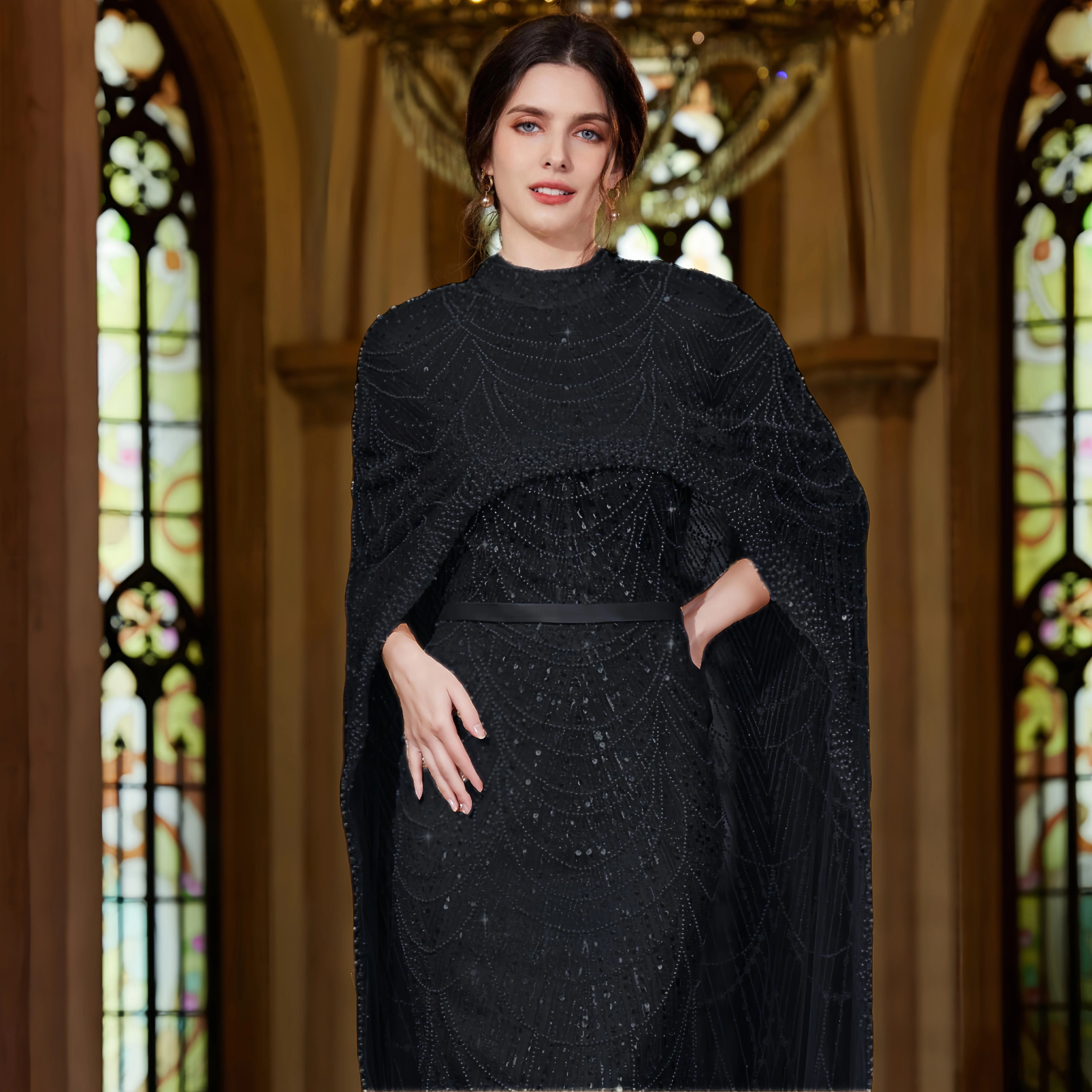 Cape Long Sleeves Arabic Party Gown