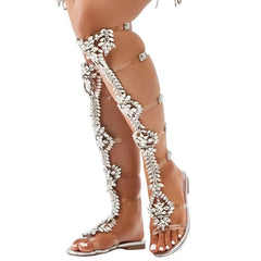 Transparent Rhinestones Knee High Sandal