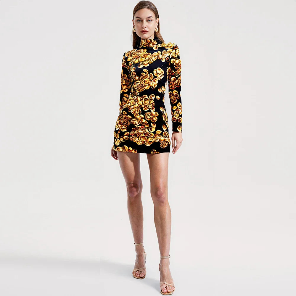 High Collar Mini Velvet Dress