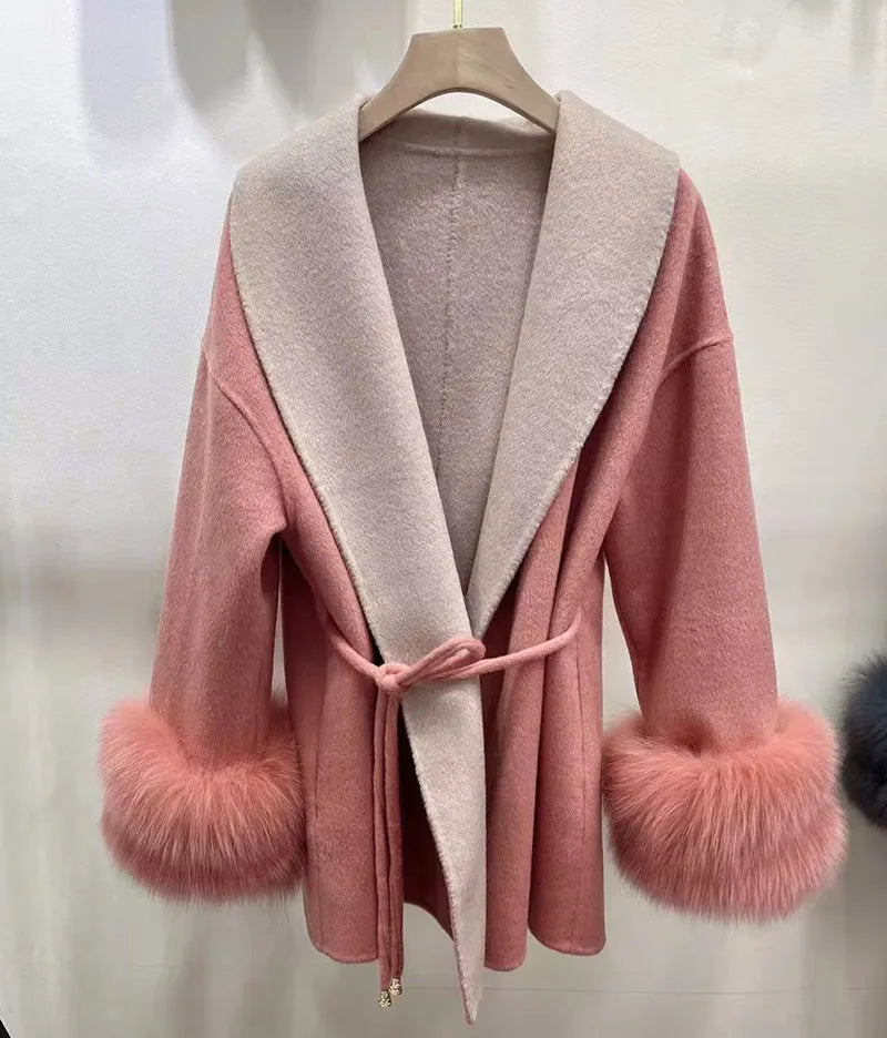 Real Fur Cuff Cashmere Wool Coat