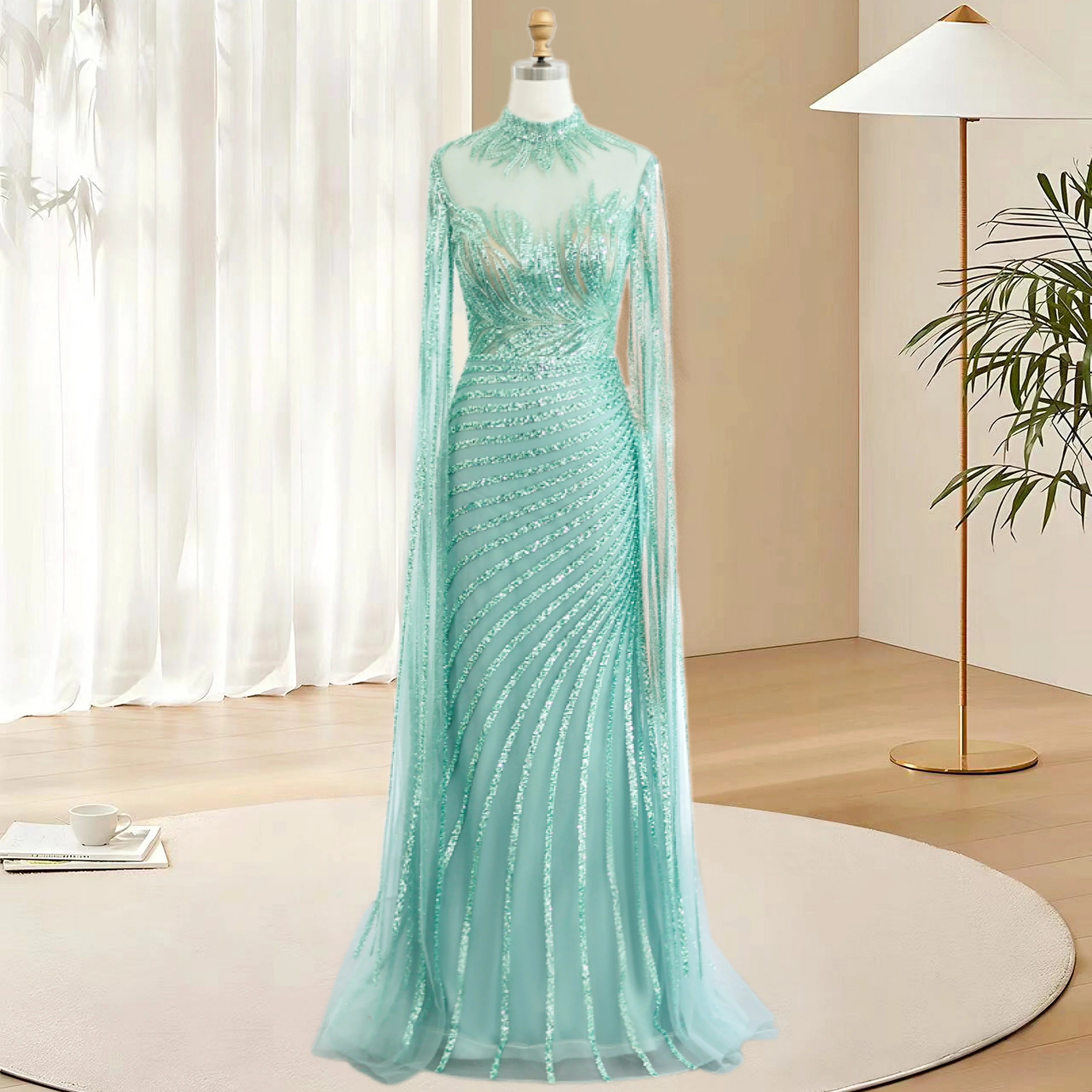 Elegant Beaded Cape Sleeves Evening Gown