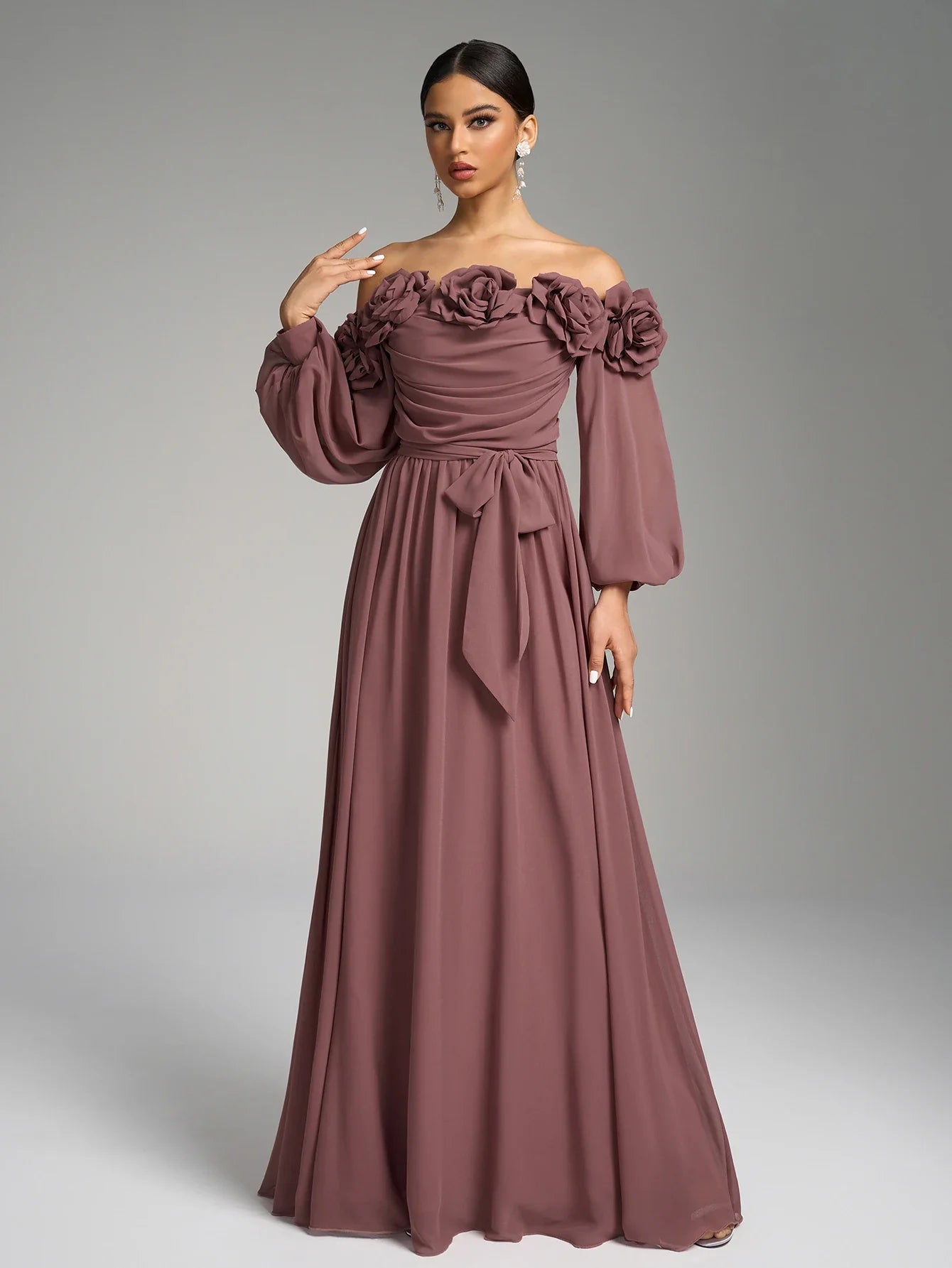 Floral Decor Off-the-shoulder Evening Dress