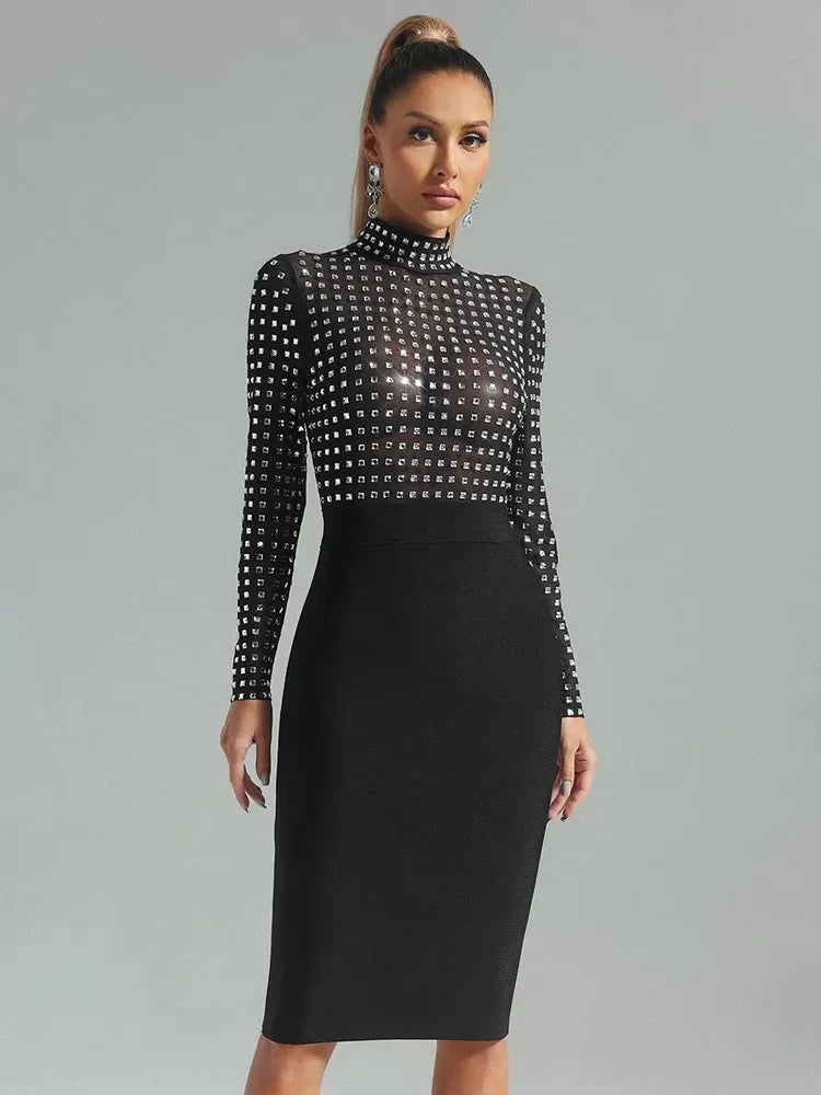 Rhinestones Turtleneck Midi Bodycon Dress