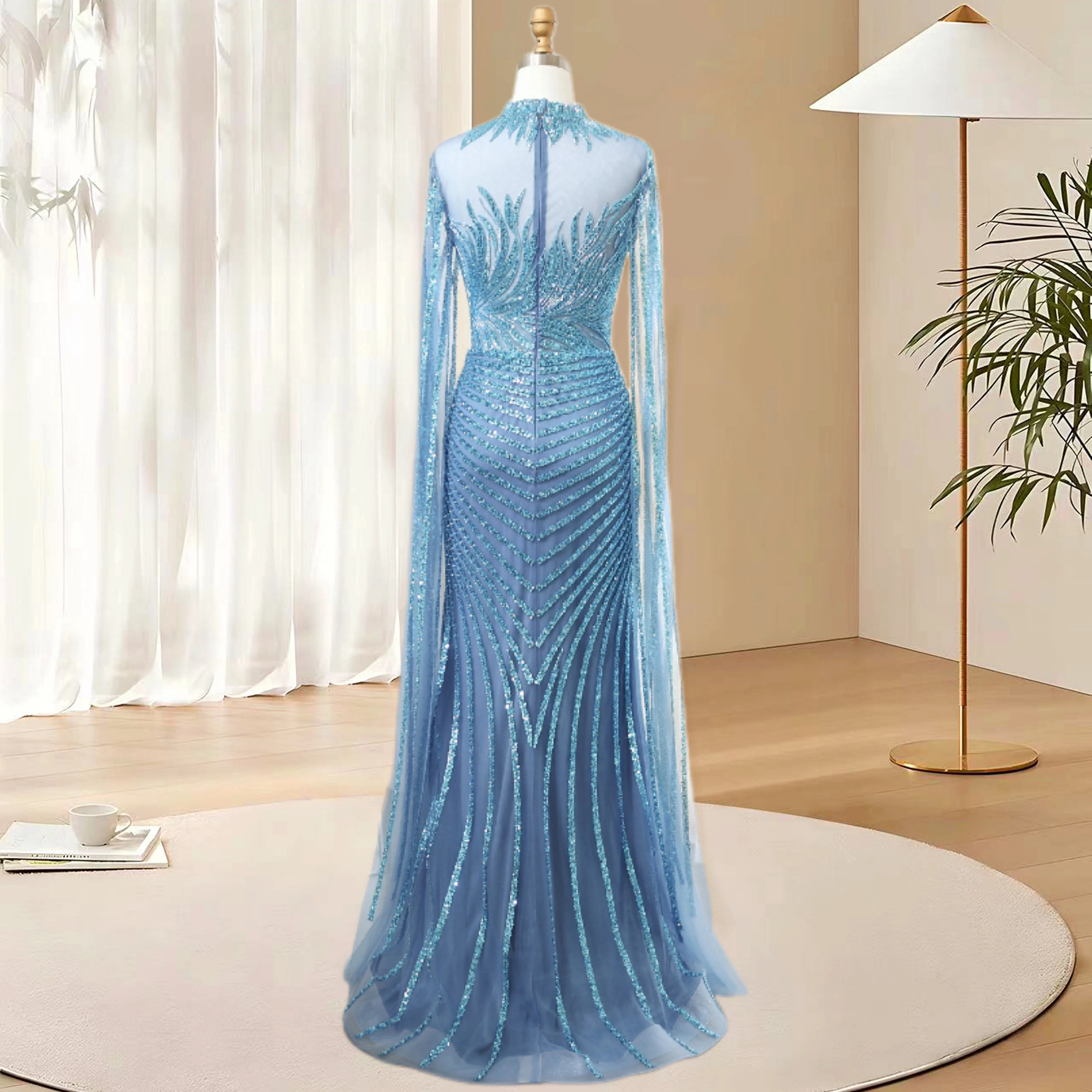 Elegant Beaded Cape Sleeves Evening Gown