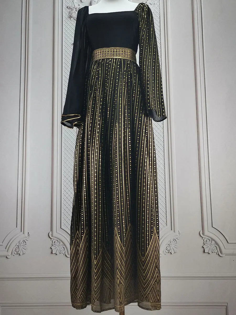 Belted Gold Stamping Kaftan Abaya