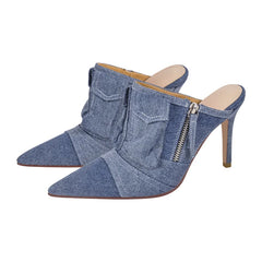 Denim Pointed Toe Stiletto Mules