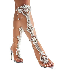 Transparent Rhinestones Knee High Sandal