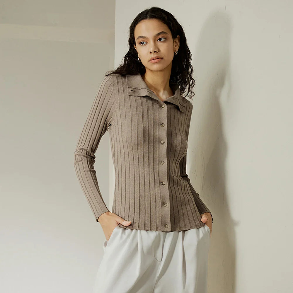 Ribbed Front Button Cashmere Blend Cardigan