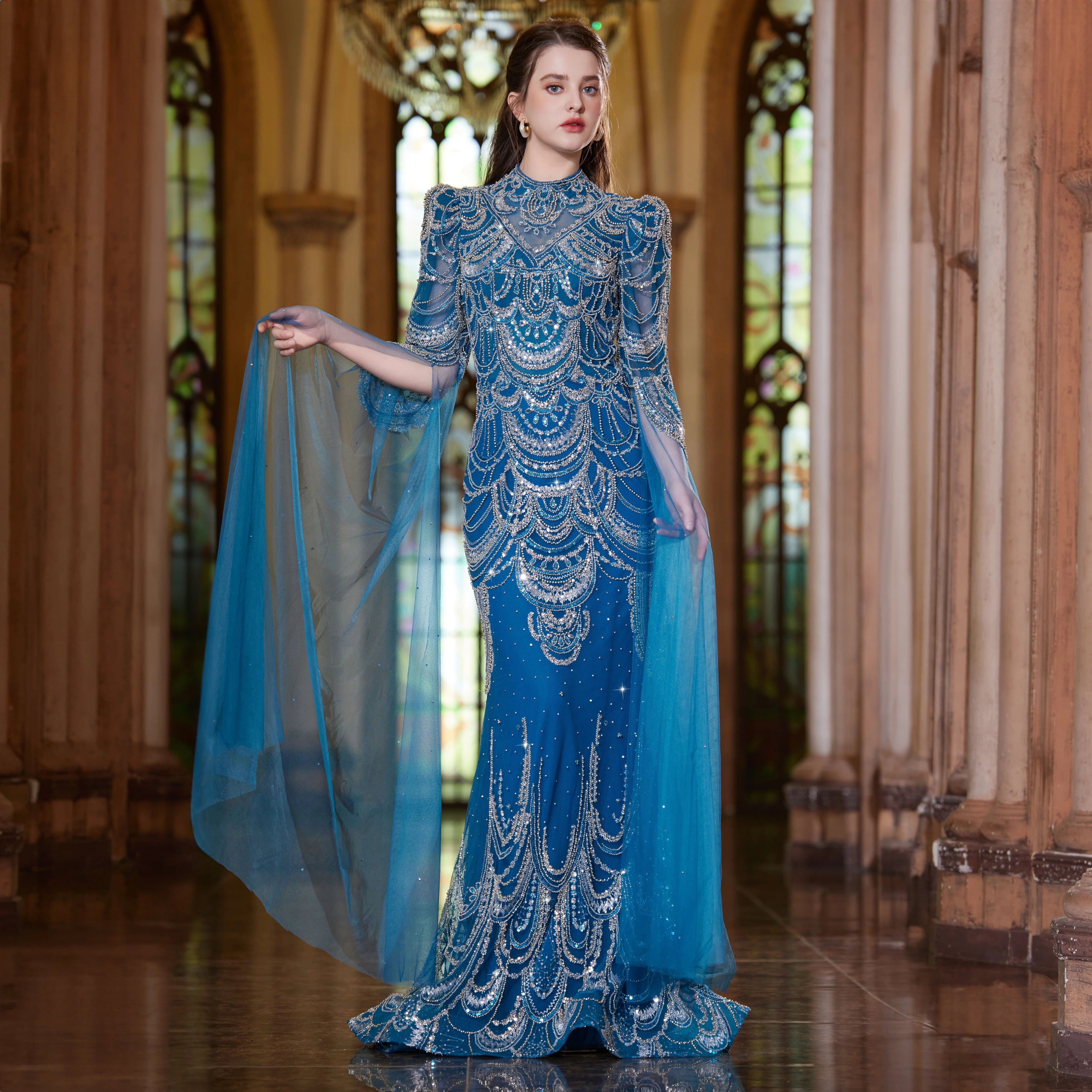 Cape Sleeves Evening Arabic Dress