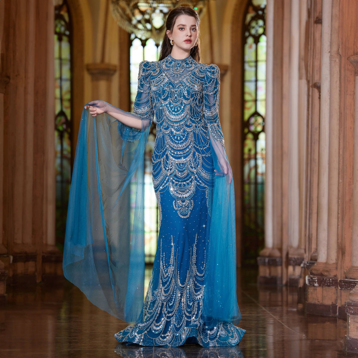 Cape Sleeves Evening Arabic Dress