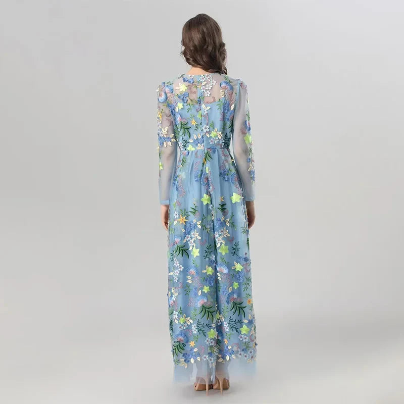 Mesh Flower Embroidered Long Sleeve Dress