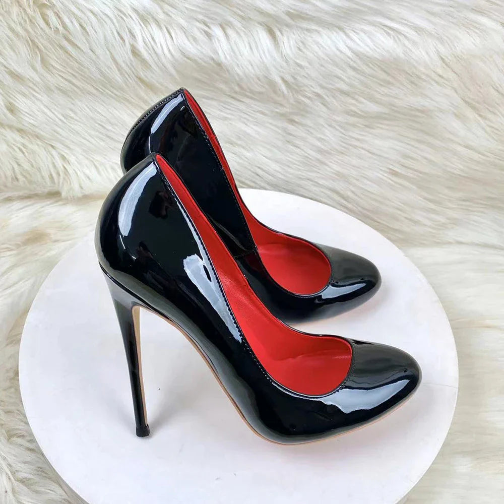 Glossy Black Round Toe High Heels