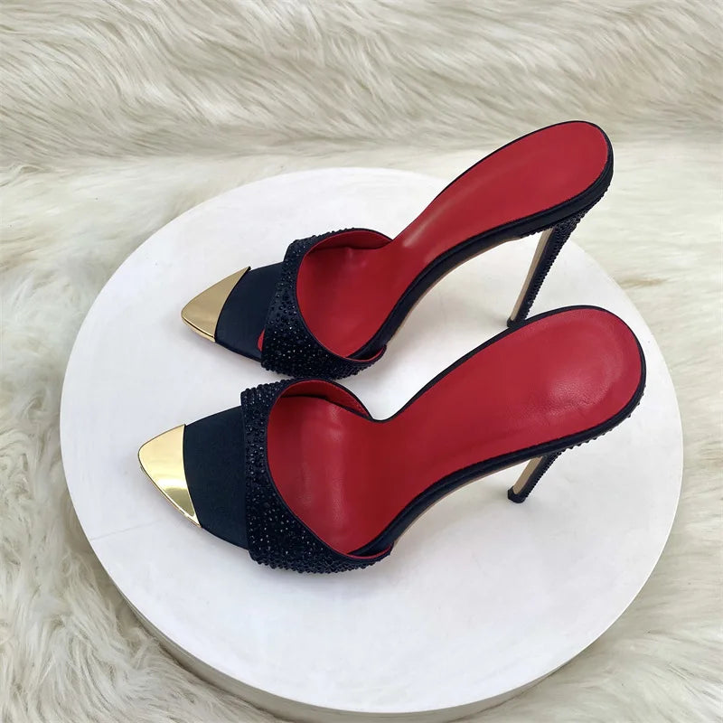 Crystal Black Shiny High Heeled Sandals