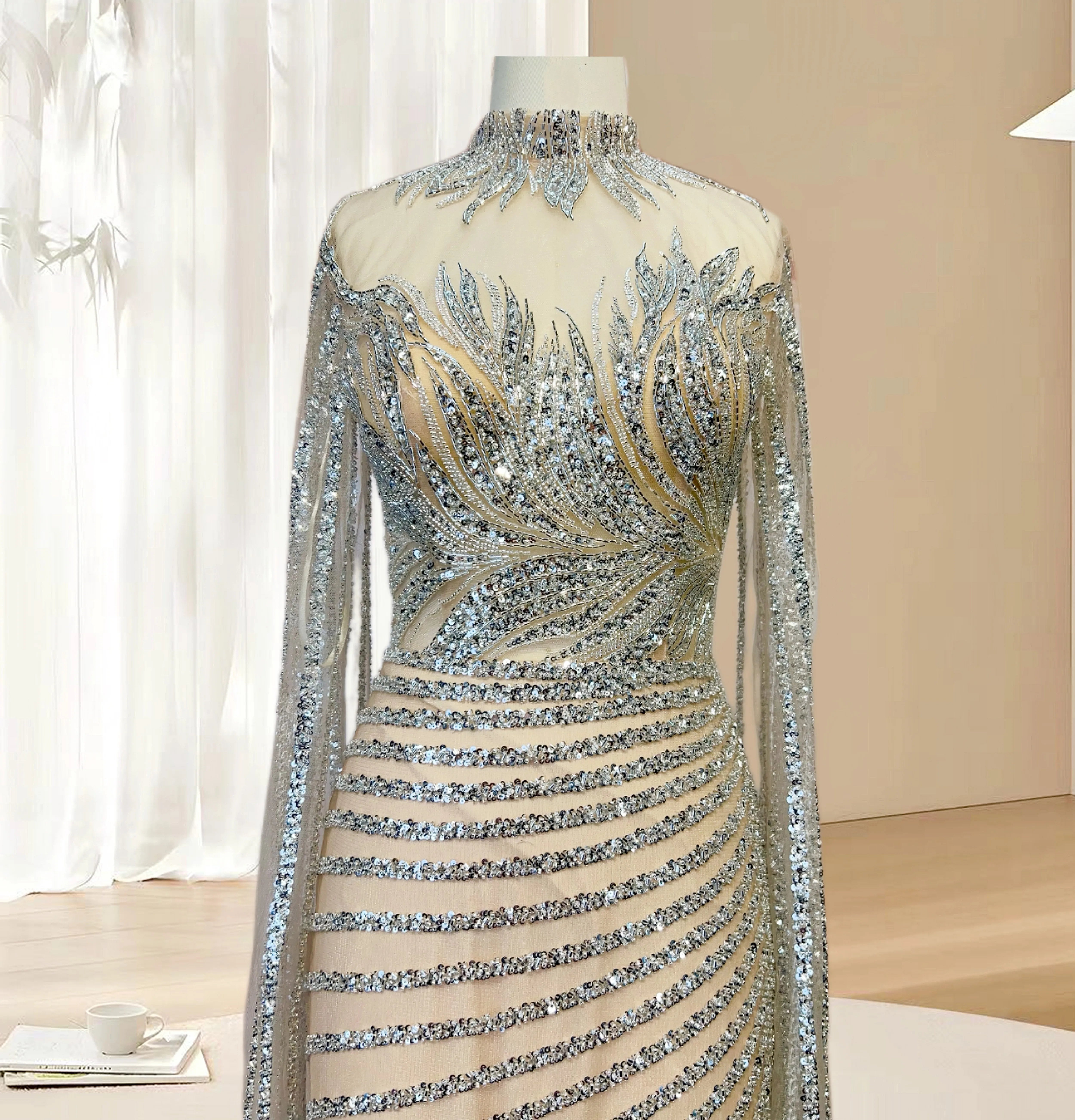 Elegant Beaded Cape Sleeves Evening Gown