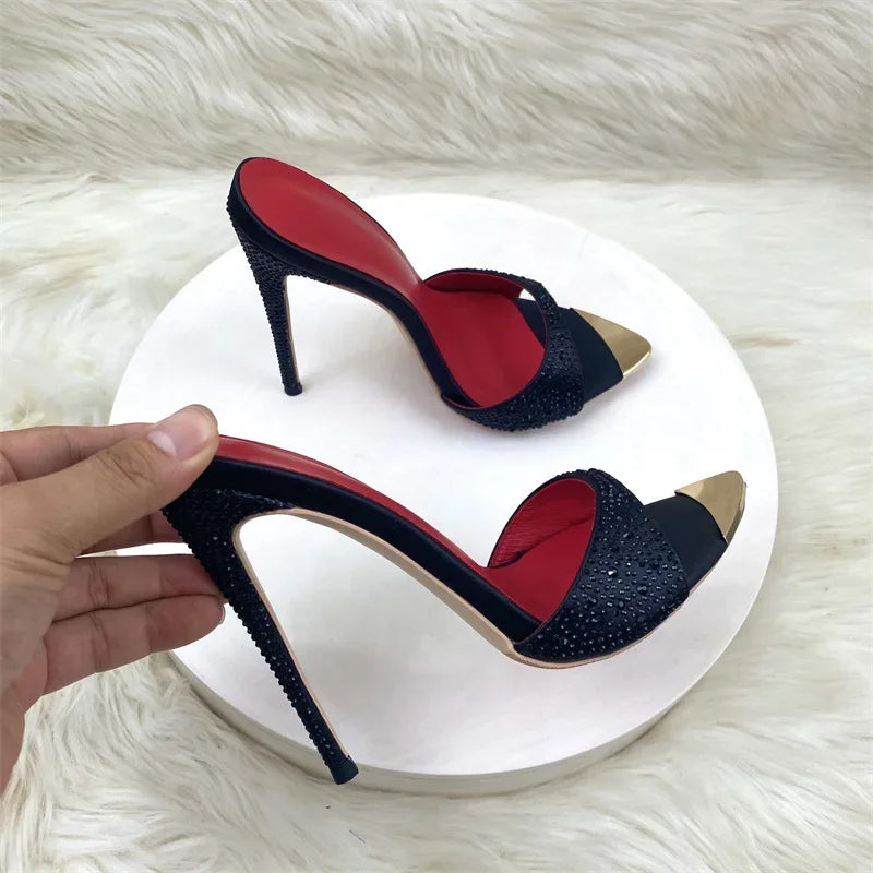 Crystal Black Shiny High Heeled Sandals
