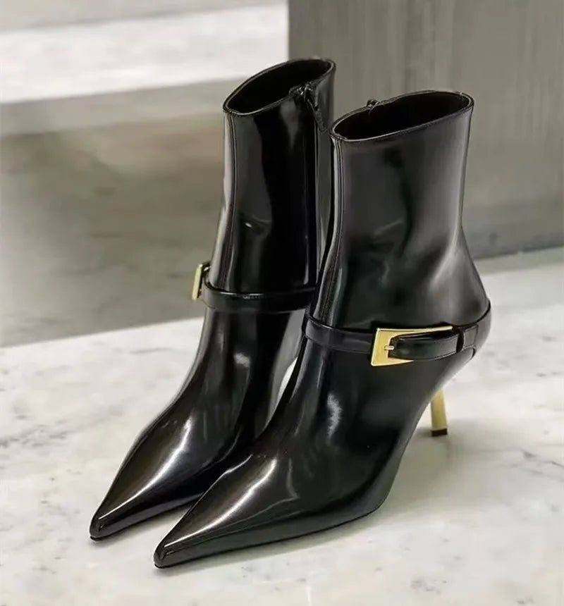 Elegant Metal Buckle Zip Ankle Boots