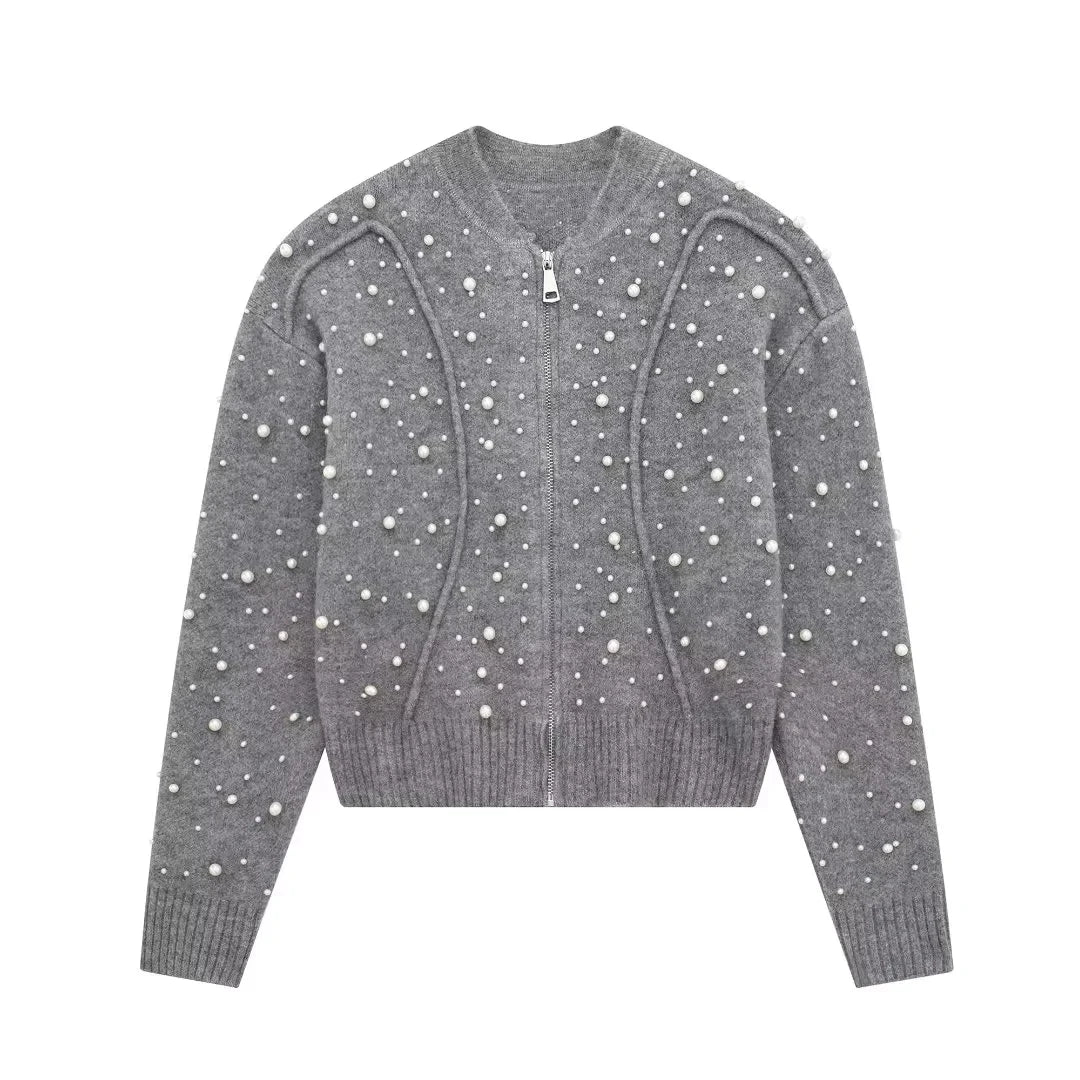 Sleek Pearl-Knit Cardigan Sweater