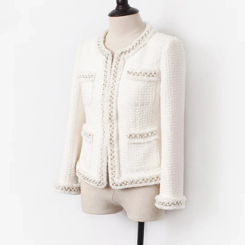 Refined Hand-made Beads Tweed Coat