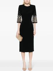 Half Sleeve Rhinestone Beaded Midi Dress