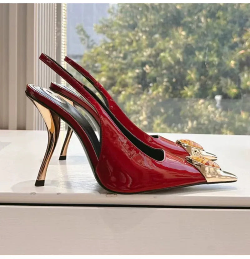 Gemstone Metal Toe Slingback Pumps