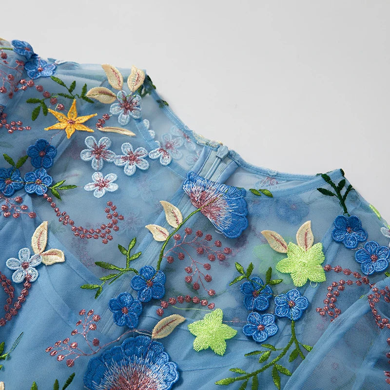 Mesh Flower Embroidered Long Sleeve Dress