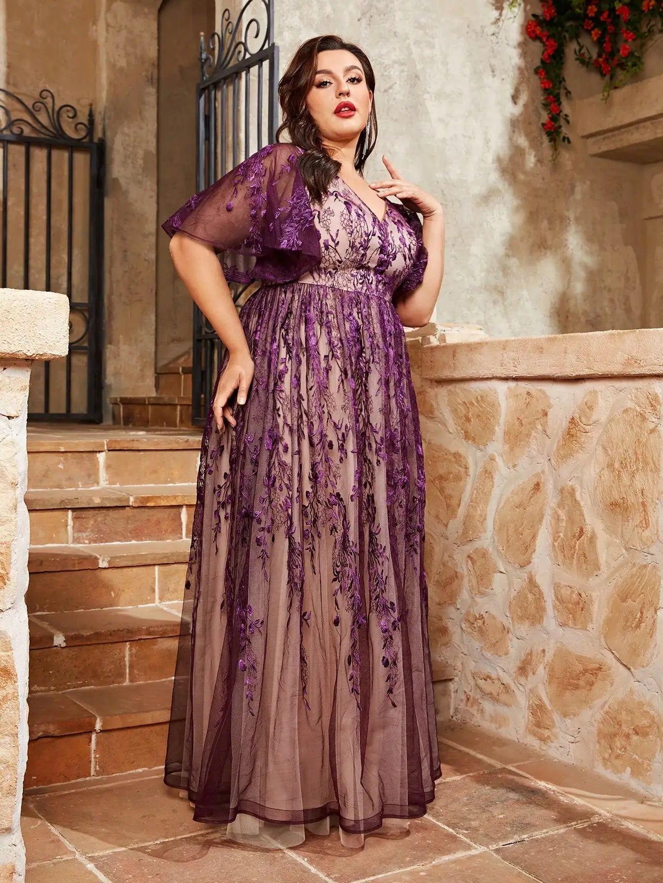 Mesh Trumpet Sleeves Ball Gown Dress