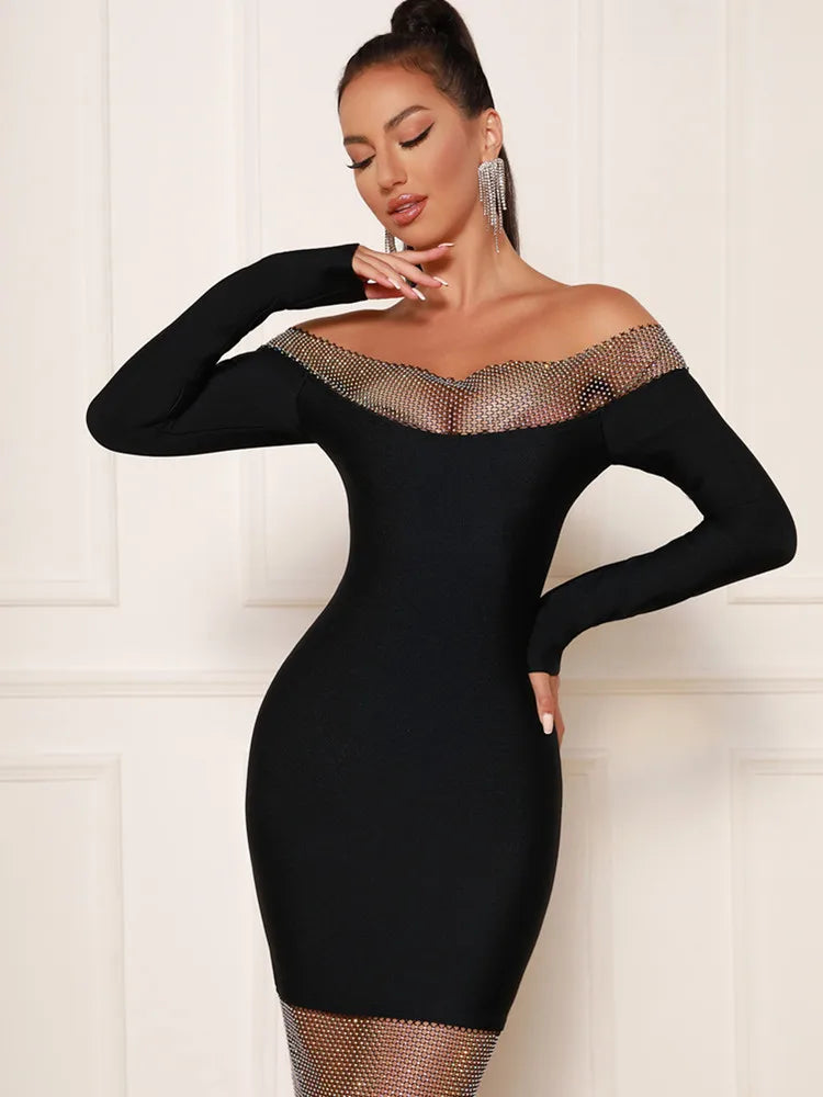 Off Shoulder Black Diamonds Bodycon Dress