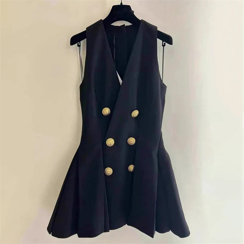 Metal V-Neck Double-Breasted Mini Dress