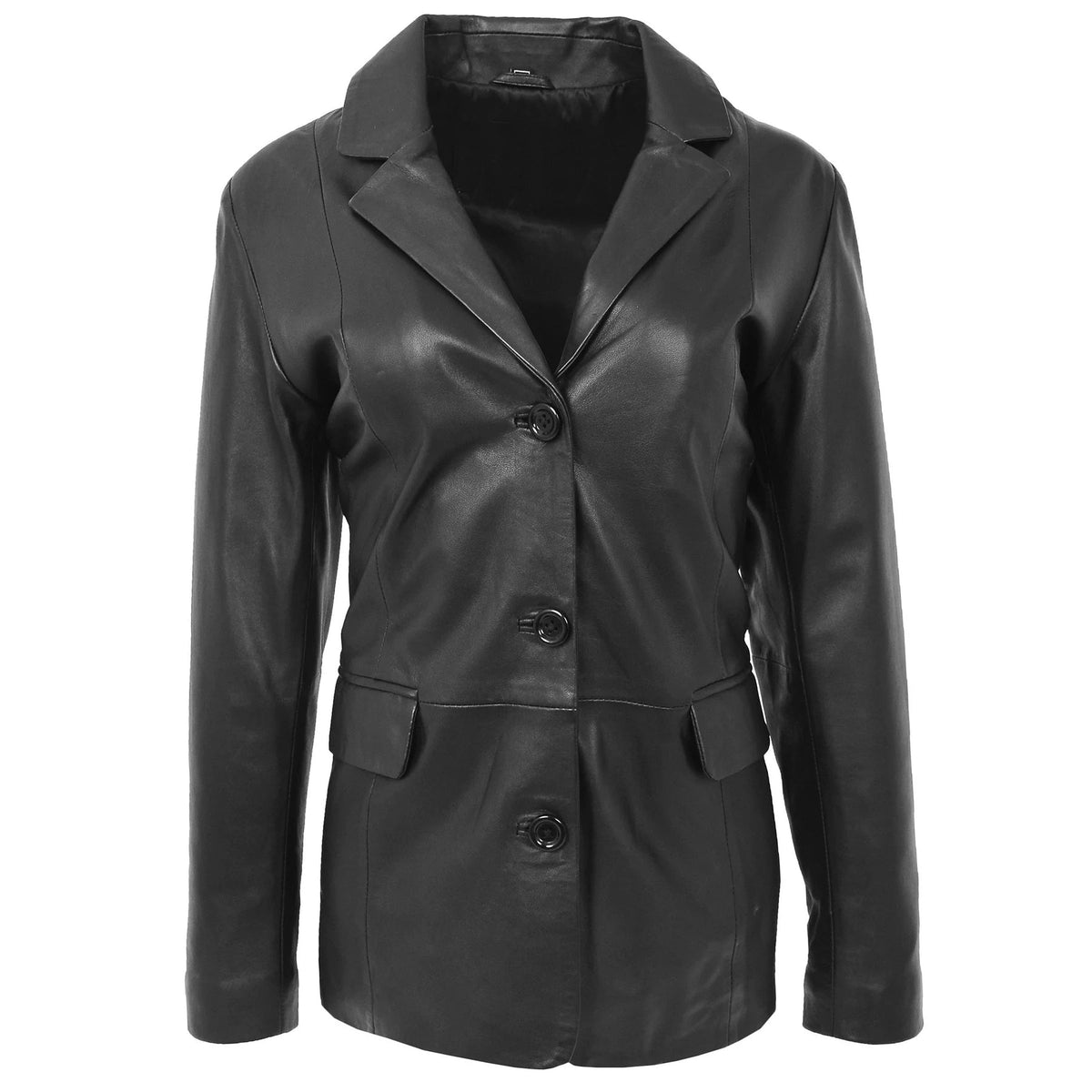 Semi Fit Soft Black Leather Button Fasten Women's Blazer
