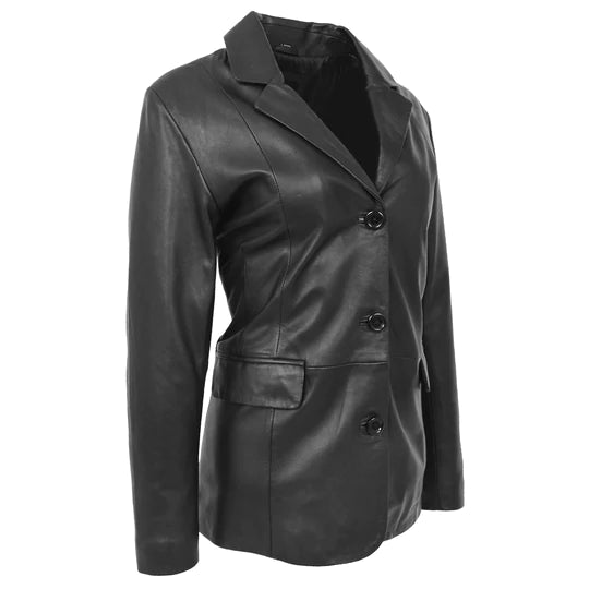 Semi Fit Soft Black Leather Button Fasten Women's Blazer