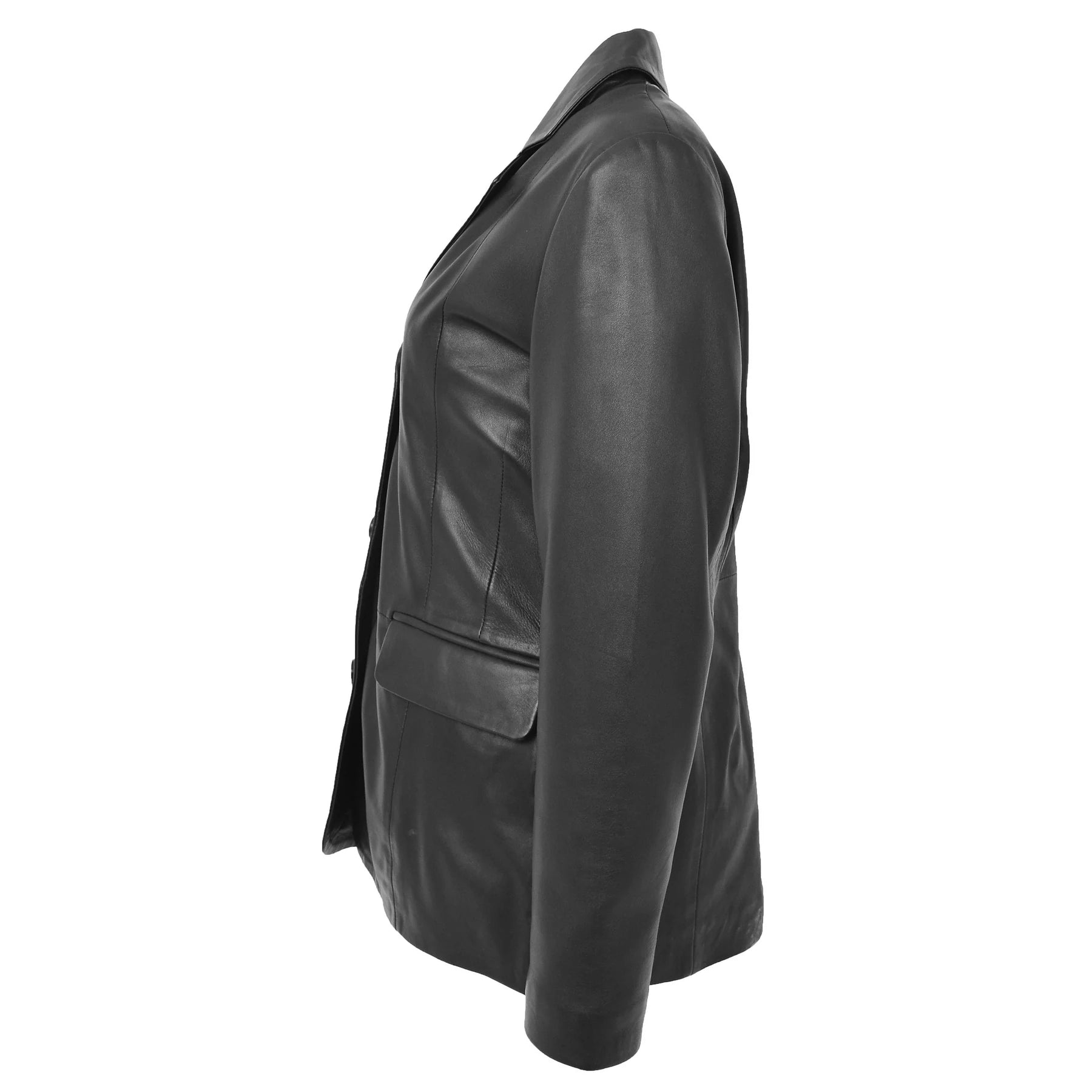 Semi Fit Soft Black Leather Button Fasten Women's Blazer