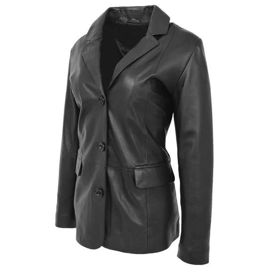 Semi Fit Soft Black Leather Button Fasten Women's Blazer