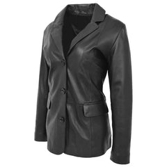 Semi Fit Soft Black Leather Button Fasten Women's Blazer