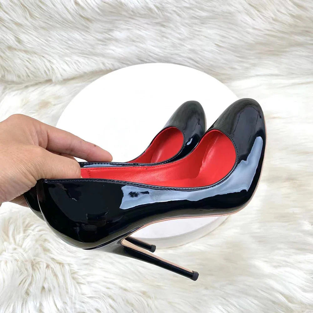 Glossy Black Round Toe High Heels