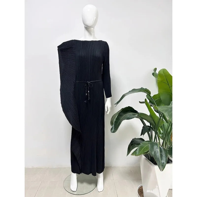 Lapel Pleated Long Sleeve Dress