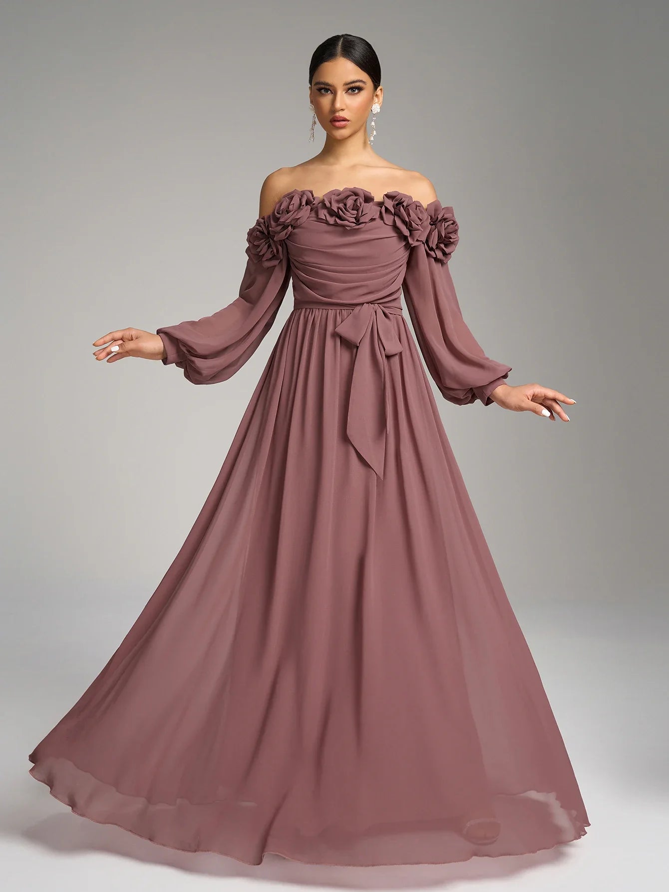 Floral Decor Off-the-shoulder Evening Dress