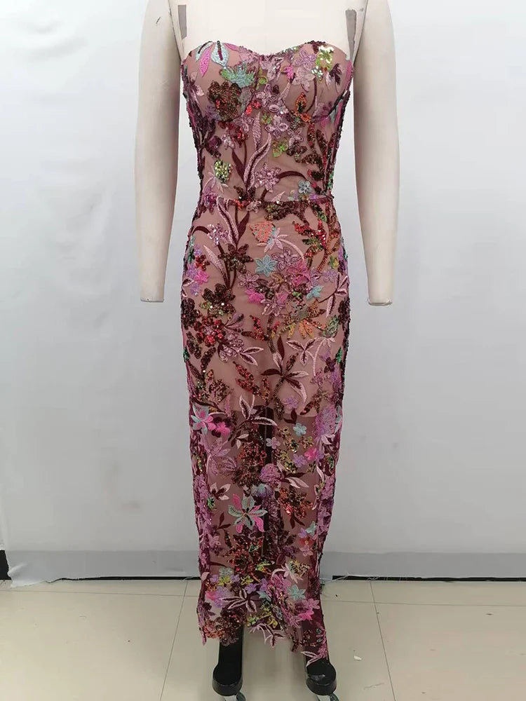 Chic Strapless Floral Embroidery Cocktail Dress