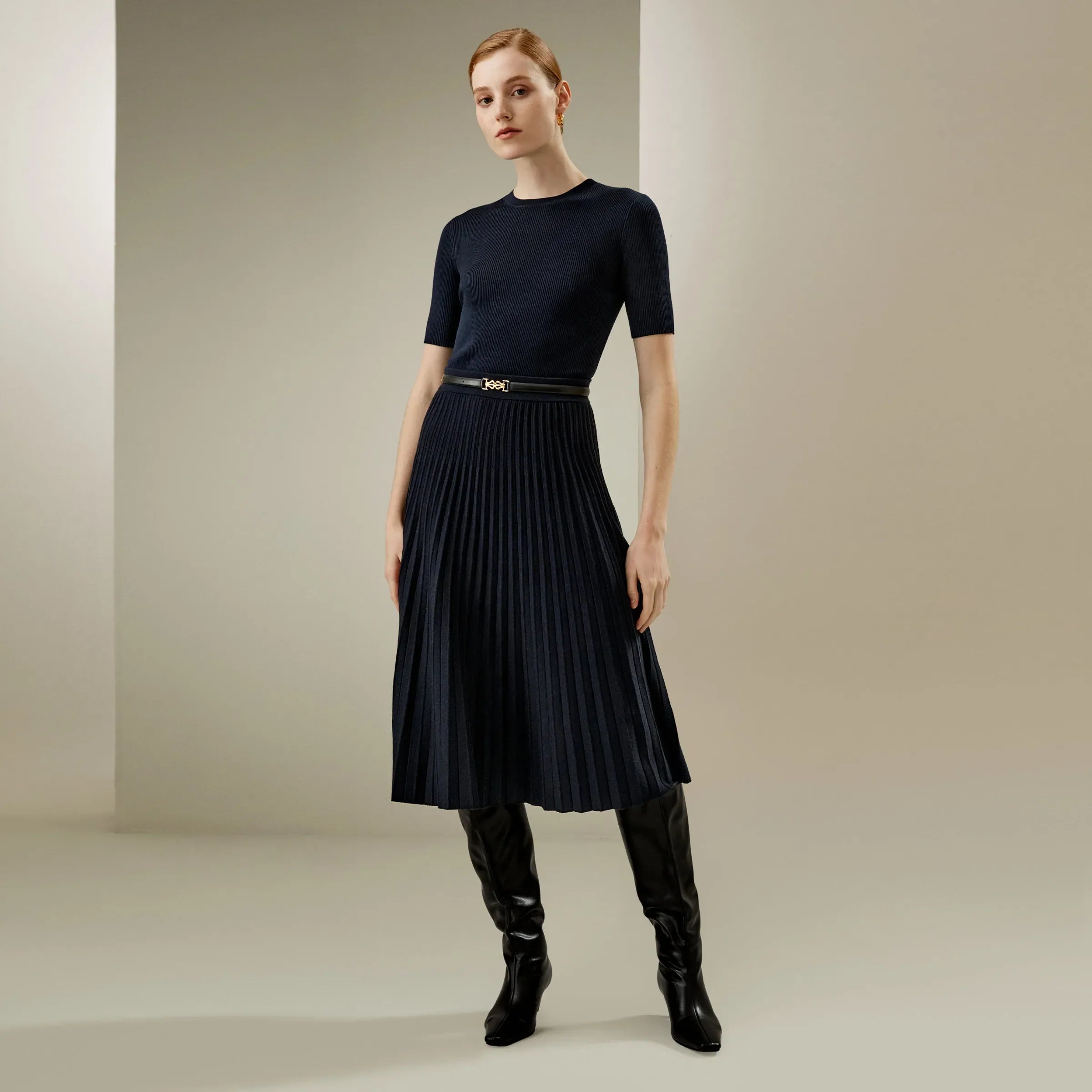 Casual Pleated A-line Merino Wool Skirts