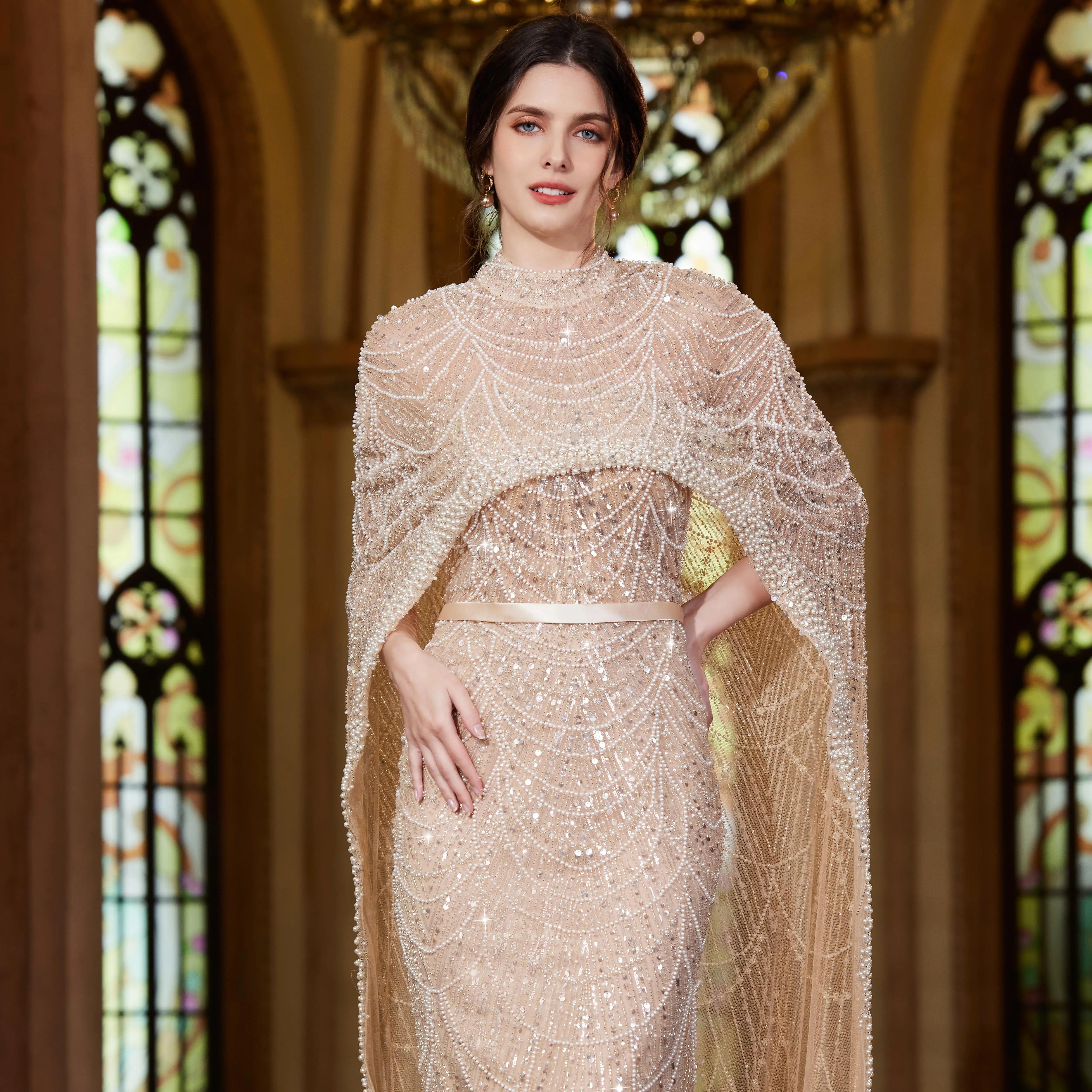 Cape Long Sleeves Arabic Party Gown
